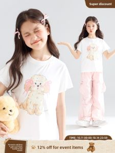 Cheeky Puppy Sorona Cool Sensation Short Sleeve T-Shirt Girls Summer New Style Butterfly Knot Print Casual Standard Fit Cotton Polyester Blend