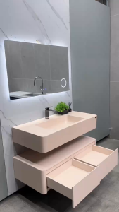 Bộ Tủ Lavabo Chậu Đá Đúc Liền Khối Dài 1M Gương Đèn Led Cảm Ứng