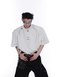 Street Style Oversize T-Shirt Metal Double Zipper Short Sleeve Men Half Sleeve Top Polyester Fiber Summer Casual Pure Color