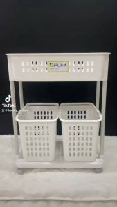 2 ชั้น ตะกร้าผ้าทรงหลี่ยม ตะกร้าผ้าสีขาว วัสดุพลาสติก แบบมีล้อเลื่อน สะอาดแท่น HA-24