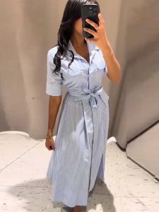 Elegant Womens Striped Long Dress Summer Lace Up Turn-Down Collar Single-breasted Blue A-line Dresses 2026 Lady Holiday Robes