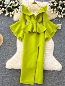 Evening Gown Womens Fashion V-neck 3D Lace Edge Splicing Waist-cinching Flared Sleeve Split Dress Commute Korean High Waist