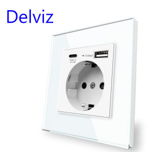 Delviz Type C Quick charge SocketWhite Tempered Crystal Glass PanelQC 3100mA With usb Ports EU Standard Wall USB Power Outlet