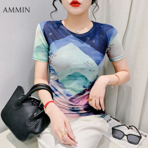 AMMIN Đơn Giản Mới Mùa Hè Cổ Tròn Thời Trang In Nhuộm Màu Theo Mùa Mực Cổ Điển Thanh Lịch Áo Phông Ngắn Tay Tay Nữ Phong Cách Hàn Quốc In Sơn Phủ Kích Thước Lớn S-3XL Thoải Mái Thường Ngày Áo Blouse Thanh Lịch