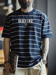 Maden American Retro Striped Short Sleeve T-Shirt Letter Print Half Sleeve Sea Soul Shirt Men Summer Casual Style round Neck