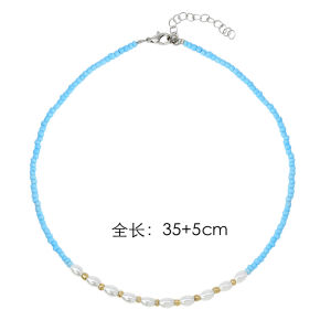 Handmade Beaded Crystal Necklace Womens Short Sweet Cool Summer Beach Style Blue Rice Bead Lockbone Chain Bohemian Fashion