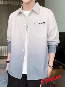 ROMON | Lormen Mens Long Sleeve Gradient Shirt Casual Loose Fashionable Workwear Spring Autumn New Style Iron Free Polyester Fiber