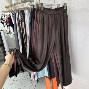 Womens High Waist Wide Leg Pants Draped Acetate Satin Loose Feeling Casual Floor Length Pants Spring Summer Autumn Vintage Texture Black
