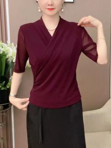 Fashionable Mommy Clothes Spring Autumn New Style Pure Color Cross V-neck Elastic Skin-like Gauze Mid-sleeve Slimming Top