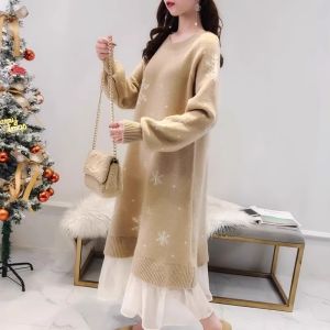 Mid Length Long Length Knitted Sweater Dress Female Autumn and Winter Plus Size Fat Sister Flab Hiding Loose and Lazy Style Red Dress Female