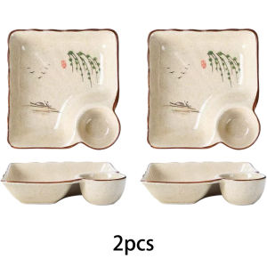 Bộ 2 Đĩa Ăn Bằng Sứ Hình Chữ Nhật Có Ngăn Chia Và Khay Đựng Nước Chấm Tích Hợp Thích Hợp Cho Há Cảo Và Khoai Tây Chiên