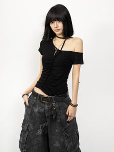 Black Slanted Shoulder Tied Neck Ribbon Fitted Tee