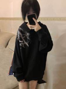 American High Street Style Womens Hoodie Sweatshirt Fleece Lined Lightning Print Oversize Jacket Streetwear Autumn Winter