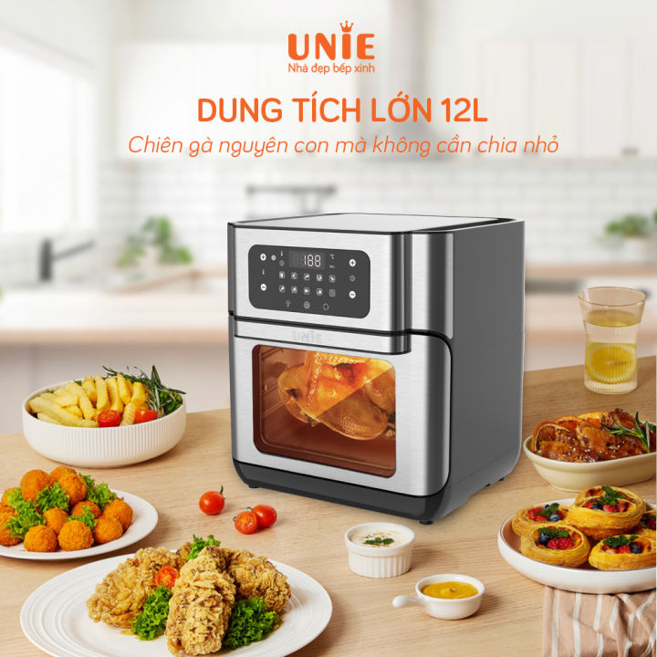Nồi chiên không dầu Unie UE-1000, công suất 1800W, dung tích 12L, chế độ nhiệt kép giúp chín nhanh, đều, bảng điều khiển cảm ứng thông minh, giỏ chiên đặc biệt 2 trong 1 đi kèm tay cầm