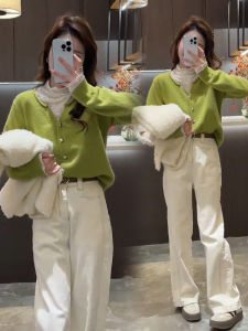 Elegant Slimming V-Neckline Long Sleeves Cardigan Knitwear Casual Straight-Leg Denim Suit Womens Autumn Wear