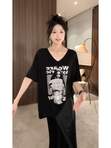 YUEZHONGWEI | Slimming Effect American Letter Portrait Print Black V-neck Short Sleeve T-shirt Womens Summer Thin Loose Fit Half Sleeve Top