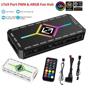 ANENG | ARGB PWM Fan Hub Adapter With ARGB Controller 1To9 Port 5V 3 Pin PC Cooling Fan Hub Splitter SATA Power Supply PWM Magnetic Hub