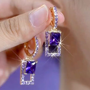 Fancy Elegant Micro Rhinestone Super Flash Geometry Pattern in Purple Crystal Ear Clips Exquisite Special-Interest Design Fashionable High-End Earrings