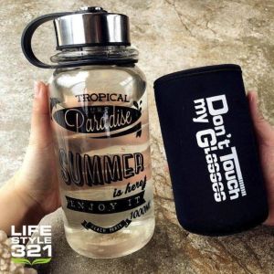 HighTemperedGlass Drinking Water Bottle with Cup Filter & Sleeve Bottle Pouch Protection Tropical Paradise Summer Design