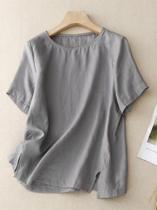 Womens Summer Thin Pure Color Linen Short Sleeve T-shirt Casual Cotton Linen Loose Fit Grey Top Versatile Comfortable Fashion