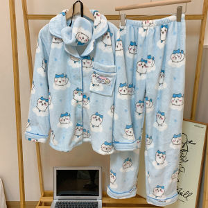ชุดนอนผ้าคอรัลฟลีซสำหรับฤดูใบไม้ร่วงและฤดูหนาวรุ่นผู้หญิง chiikawa ชุดใส่ในบ้านบุขนกำมะหยี่หนาพิเศษสำหรับฤดูหนาว
