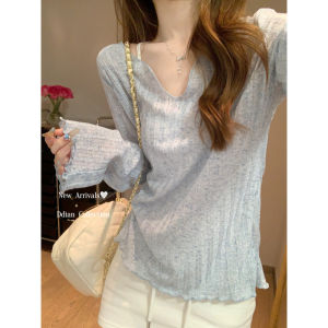 La Chapelle | Korean Style Large Neckline Summer Thin Transparent V-Neck Wooden Ear Hem T-Shirt