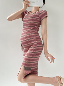 Maternity Dress Summer Fashion Slim Fit Striped Knitted mid Length Skirt Korean Style round Neck Short Sleeve Pregnant Womens Dress