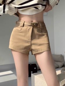 Khaki Straight Leg Casual Shorts Womens Autumn Winter Slimming High Waist A-Line Hot Pants Retro Style Pocket Detail Zipper Fly