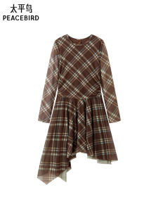 PEACEBIRD | Plaid Long-sleeve Irregular Hem Dress