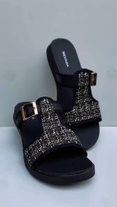 ERGE 37-40 Sandal Selop Slide Slip On Wanita Nagita Motif Rajut Loreng Hitam Casual Cewek Sol Anti Licin