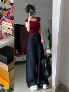 Tall Long Dark Blue Wide Leg Denim Female Fall and Winter High Waist Loose Drooping Lazy and Loose Straight Mopping Pants