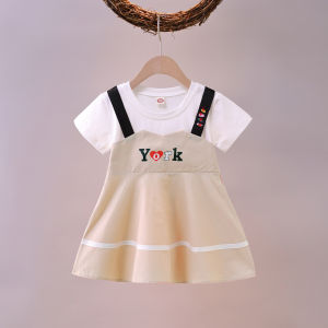 ชุดเดรสฤดูร้อนสำหรับเด็กผู้หญิง ชุดกระโปรงสองชิ้นปลอม ทรงเจ้าหญิง แขนสั้น ผ้าฝ้าย ความยาวปกติ ระดับความปลอดภัย a