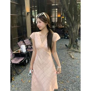 Đầm A-Line Midi Khoác Vai Dây Nơ Phong Cách Ngọt Ngào Có Viền Ren