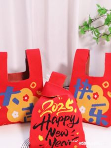 Red Knitted Handbag Gift Bag Festival Large Capacity Handheld Bag Snake Year 2025 Soft Polyester Casual Cartoon Print
