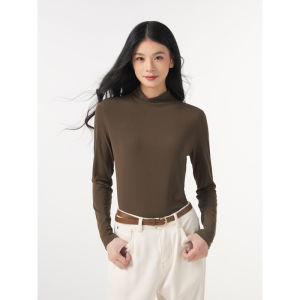 Comfortable Pure Color Long Sleeve Half High Collar Base Shirt Inner Wear T-Shirt for Women Trendy Simple Style Commute Style