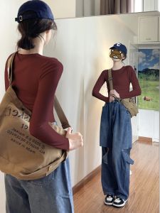 Slim Fit Long Sleeve T-Shirt Womens Early Spring Autumn Short Style Pure Color Basic Casual Top American Retro Hot Girl