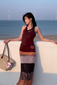 YUEZHONGWEI | French V-neck Knitted Halter Vest Women Summer Outerwear Slim Fit Sleeveless Top Commute Style Mid-Length Pure Color Casual Wear