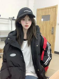 Womens Black down Cotton Jacket Winter Thickened Korean Style Loose Small Size Cotton Coat Student Zipper Closure Long Sleeve