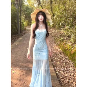 French Blue Floral Print Halter Dress Womens Summer Beach Vacation Slim Fit Fish Tail Wrap around Long Skirt Soft Medium Length