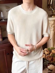 เสื้อยืดแขนสั้นผ้าฝ้ายลินินถักสไตล์อเมริกันสบายๆ สำหรับผู้ชายในช่วงฤดูร้อน เสื้อยืดคอตตอนระบายอากาศได้ดี ทรงหลวมสบายๆ