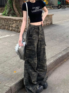 American Military Green Camouflage Workwear Jeans Womens Summer New High Street Loose Slim Wide Leg Floor-Length Pants