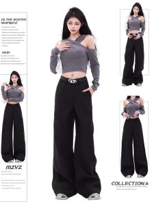 Black Wide Leg Scythe Pants Womens Summer 2024 New High Waist Slimming Casual Micro Flared Suit Pants Trendy MZVZ