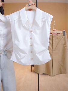 Fashionable High-End Sleeveless Shirt Womens Pure Color Button Design Versatile French Style Slim Fit Polo Neck Summer New Arrival