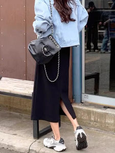 Elegant High Waist A-Line Mini Skirt for Women in Pure Black Casual Mid-Length Autumn Winter Slimming Versatile Skirt