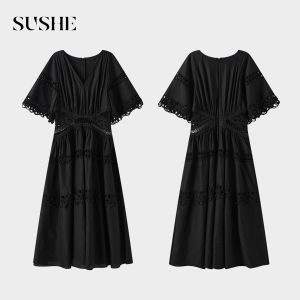 SUSHE | Simple Romantic Tencel Blend Lace Border V-neck Dress