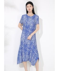 Miyake Pleated Printed Short Sleeved Dress Women Crewneck Pullover # 20252125