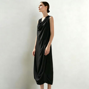 AMII | Summer New Elegant Office Lady Draping Collar Sleeveless Loose Split Long Dress
