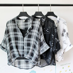 plus Size Batwing Sleeve Shirt Women Summer Loose Chiffon Slimming Fashionable Two-Piece Set Top Korean Style V-Neck Seven-Quarter Sleeve