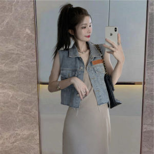Fashionable Short Denim Vest Womens Street Style Layering Top Spring Summer New Arrival Polo Collar Single Button Closure
