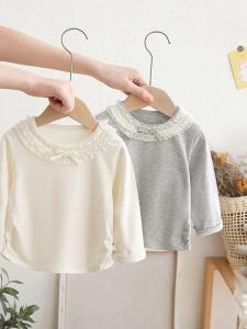 เสื้อเชิ้ตคอตตอนแขนยาวผู้หญิงฤดูใบไม้ผลิฤดูใบไม้ร่วง 2025 ใหม่ ผูกโบว์ผีเสื้อ ขอบลูกไม้ เสื้อชั้นใน เสื้อผ้าเด็กผู้หญิง